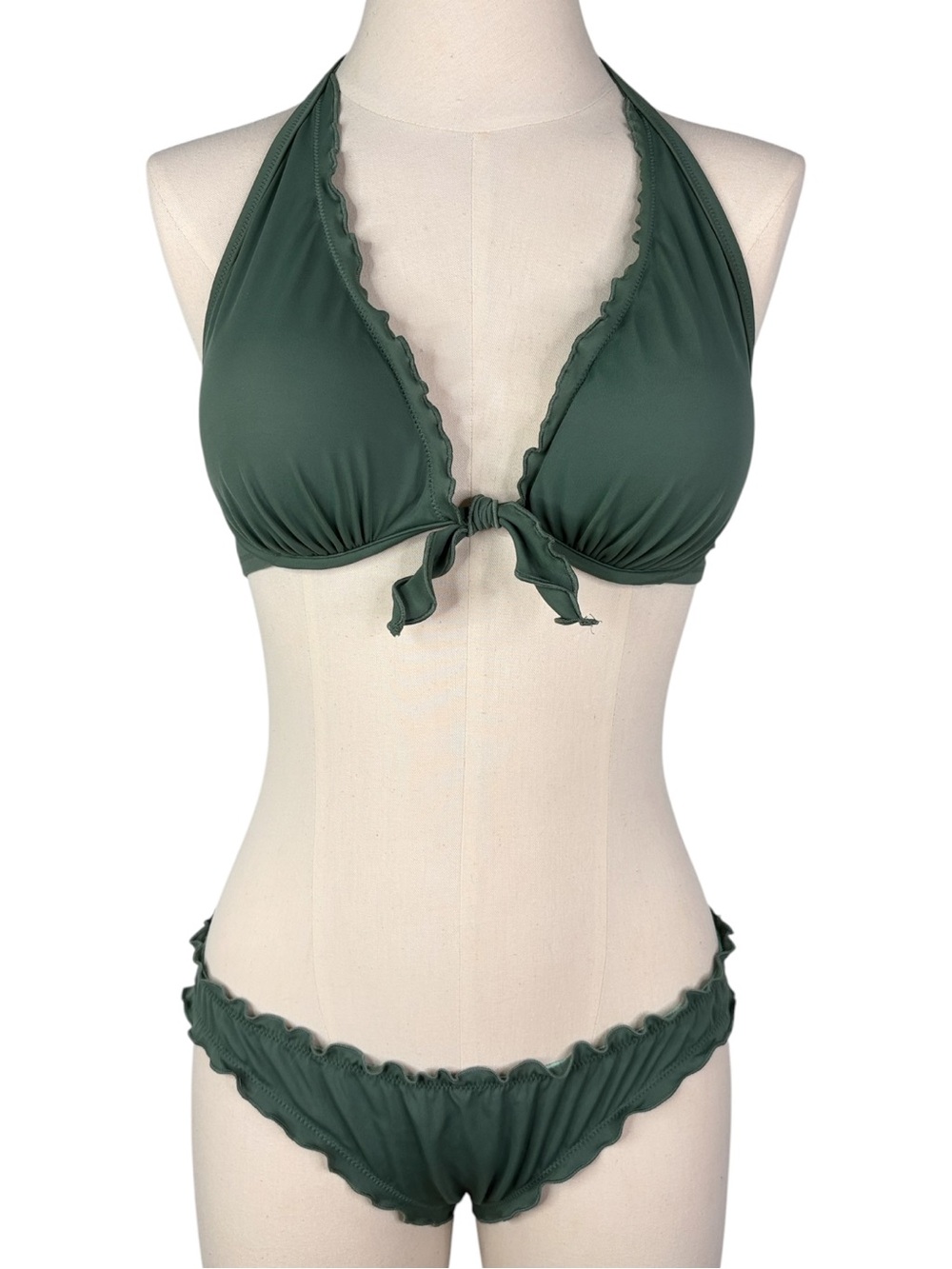 Victoria's Secret Capri Ruffle Bikini 36C top M bottom * Olive Green Swimsuit